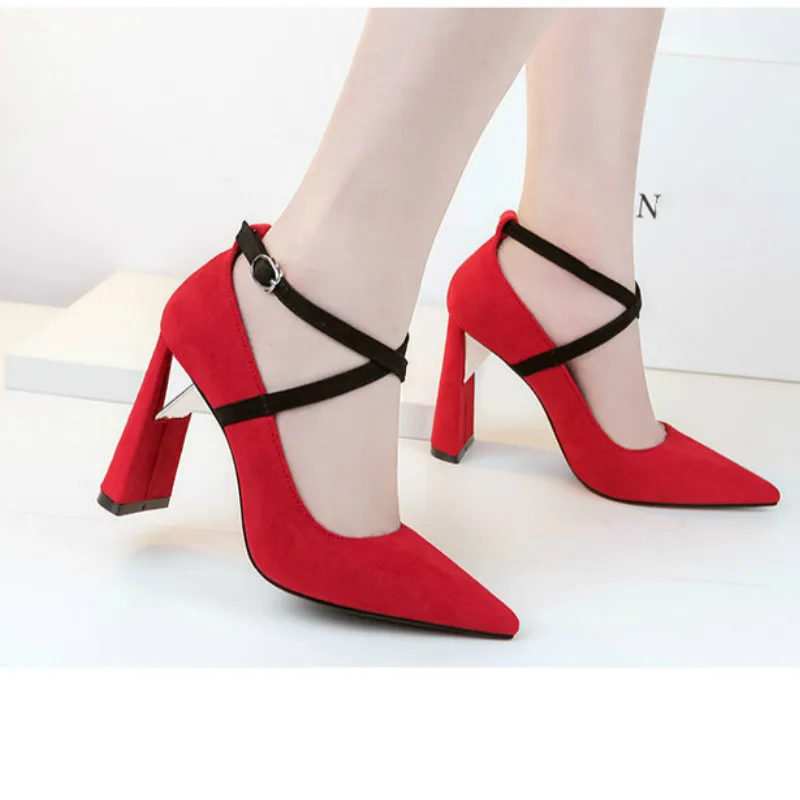 

Women Shoes Pumps Fashion New Shallow Pionted Toe 10cm Thick High Heels Flock Solid Sexy Club Party Ladies Work Female Shoes