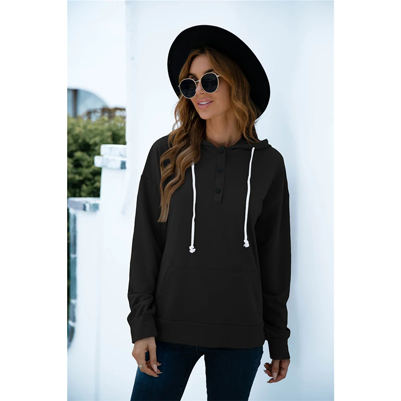 

Winter 2021 Women Sweetshirts Solid Color Button Hoodies Sports Sweating Vintage Clothes Pullovers Casual Loose Oversized Hoodie
