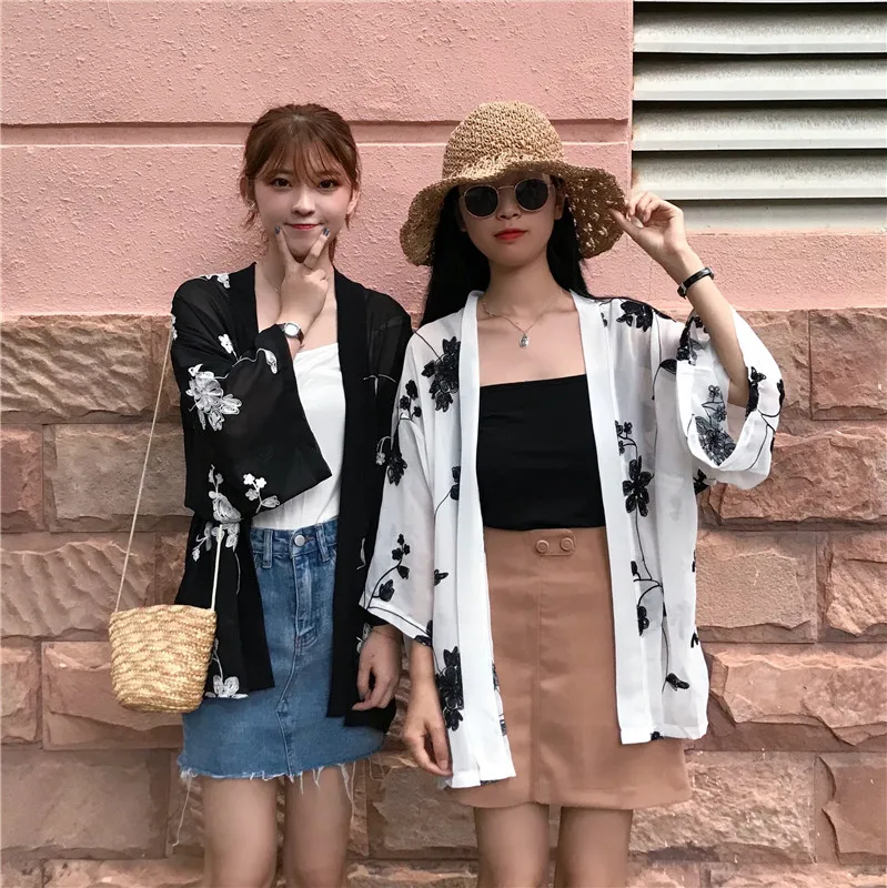 Женское кимоно с цветочной вышивкой TingYiLi пляжный шифоновый кардиган белый синий