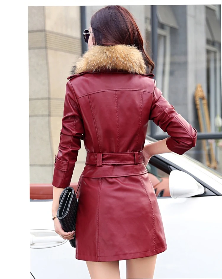 

Plus Size 5XL Women's Leather Jacket Pure Raccoon Fur Long Slim Faux Leather Parka Autumn Winter Overcoat LX108