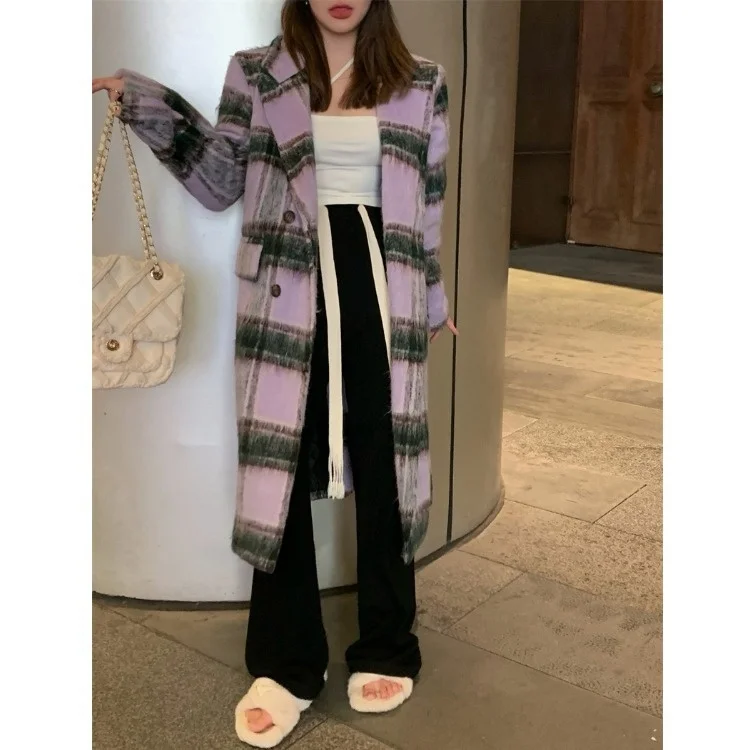 

Шерстяное пальто в клетку с воротником-костюмом, плюшевый утолщенный теплый длинный рукав, осенне-зимний длинный темпераментный Топ C815a