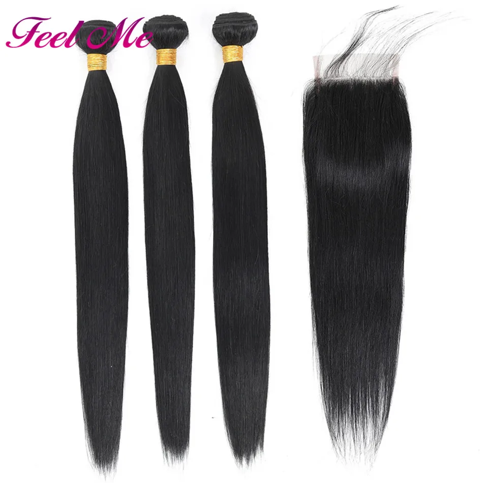 Feel Me бразильские прямые пучки волос с закрытием человеческие волосы 3/4 4*4