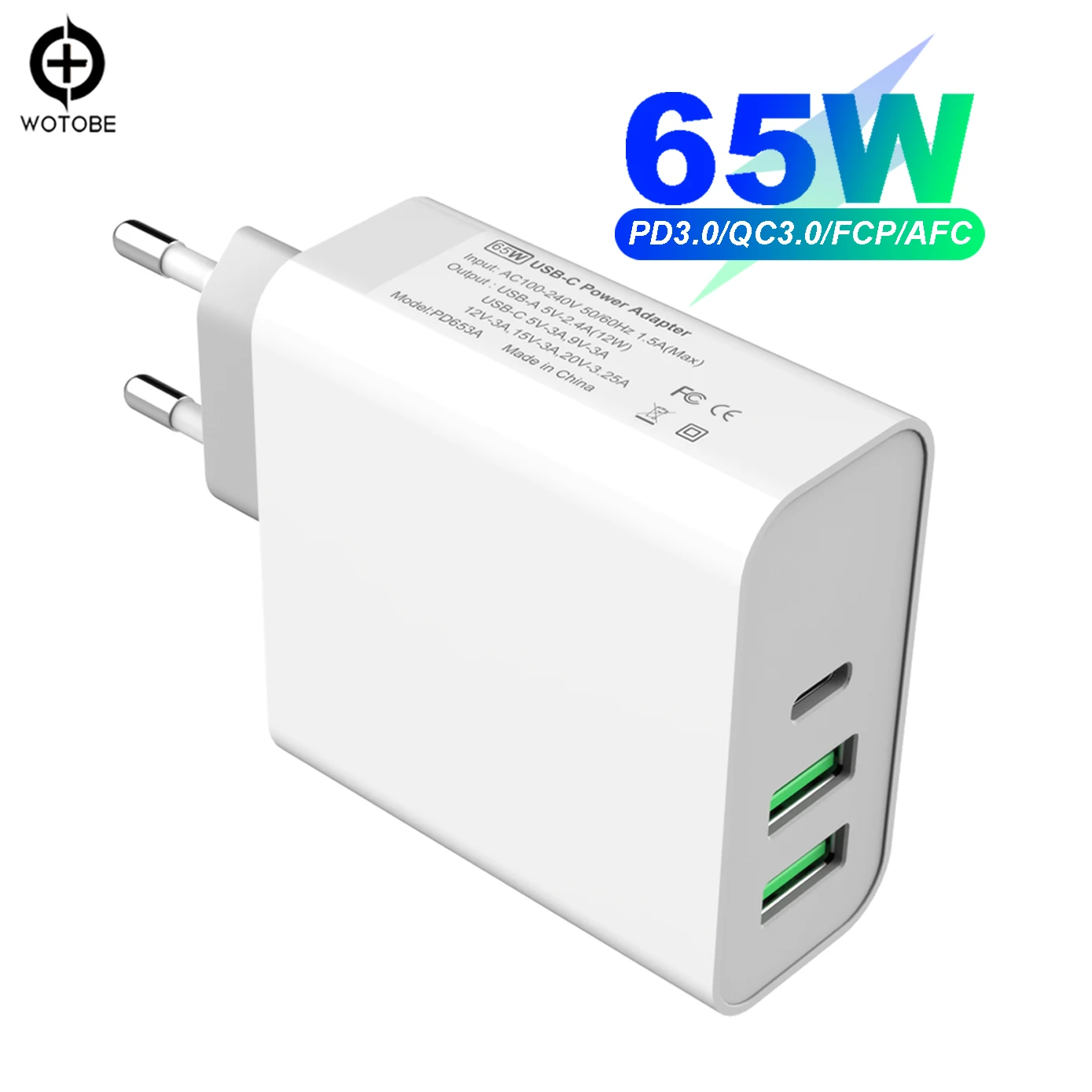 65 Вт TYPE-C USB-C адаптер питания, 1 порт PD60W QC3.0 зарядное устройство для USB-C ноутбуков MacBook Pro/Воздушный iPad Pro, 2 порта USB для samsung iPhone