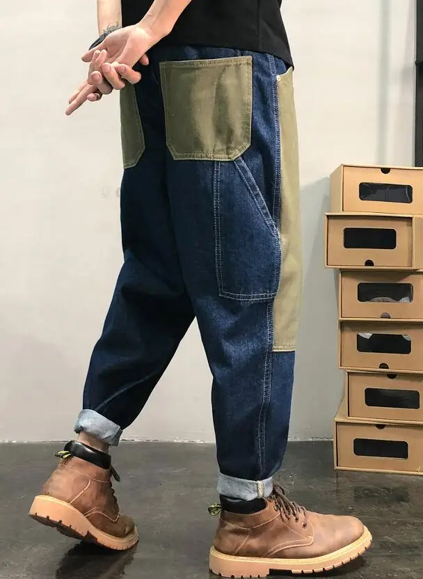 Retro Loose Multi-Pocket Jeans Men Baggy Trousers Patch Jeans Street Color Block Cargo Jeans