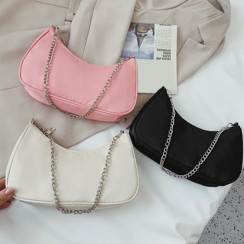 

Daily Female Chain Handbag Nylon Underarm Pouch Solid Color Shoulder Bag Lady Dressing Ornament for Phone Lipstick