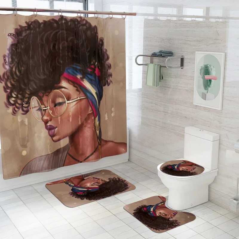 

Brown Waterproof Bathroom Shower Curtains Set Non Slip Sexy African Girl with Closed Eyes Pattern Toilet Polyester Cover Mat Set