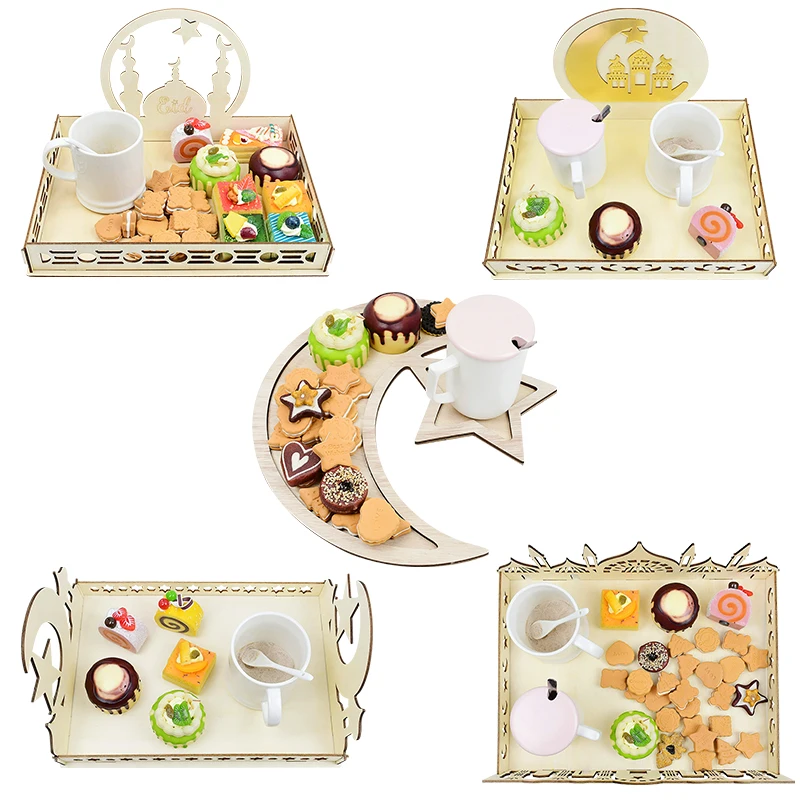 

Eid Mubarak Decor DIY Castle Moon Star Wooden Dessert Tray AI Adha Muslim Islam Mubarak For Home Table Ornaments Ramadan Gift