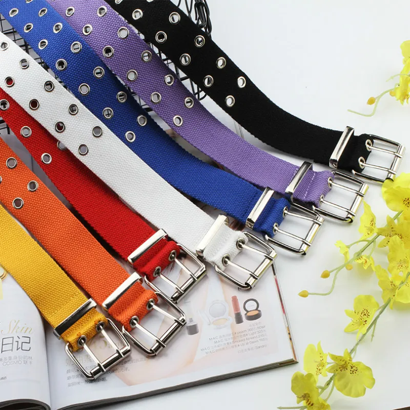 

New Design Harajuku Wide Waistband Canvas Web Double Grommet Hole Buckle Belt Female Male Waist Strap Belts for Women Men Jeans