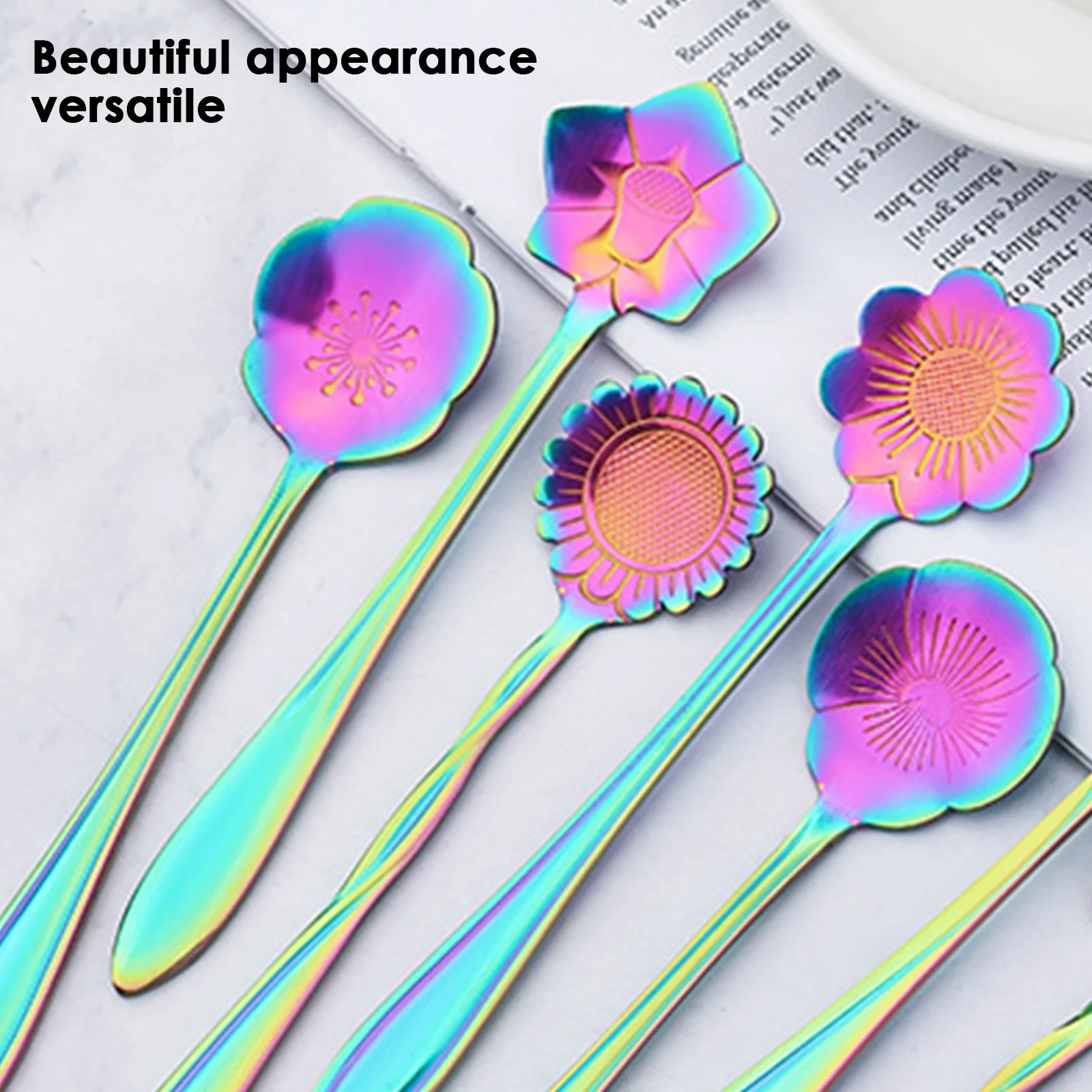 

8Pcs Creative Coffee Spoon Stainless Steel Colorful Stirring Milk Teaspoon Dessert Ice Cream Spoon Tableware Flowers Design