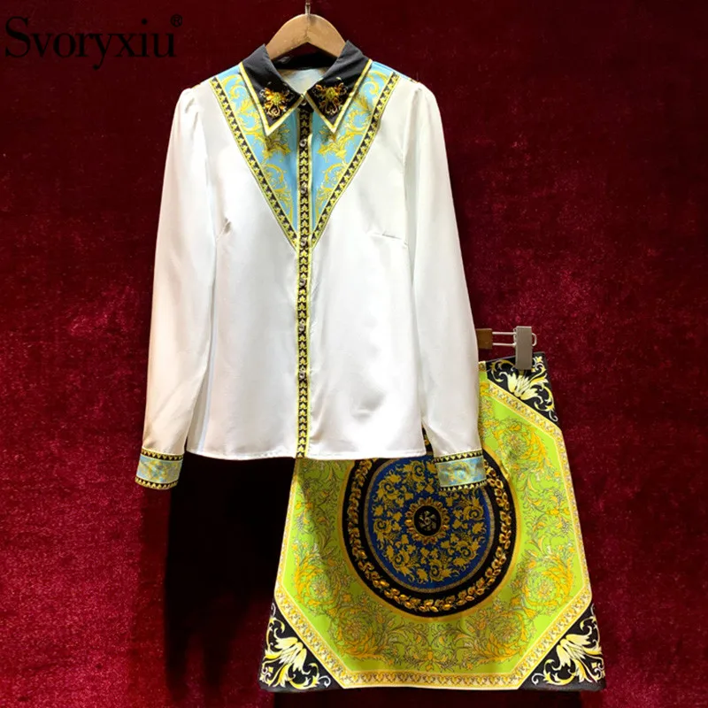 

Svoryxiu Designer Summer Fashion Office Lady Two Piece Set Women's Long Sleeve Totem Print Blouse + Mini Skirt Suits 2021