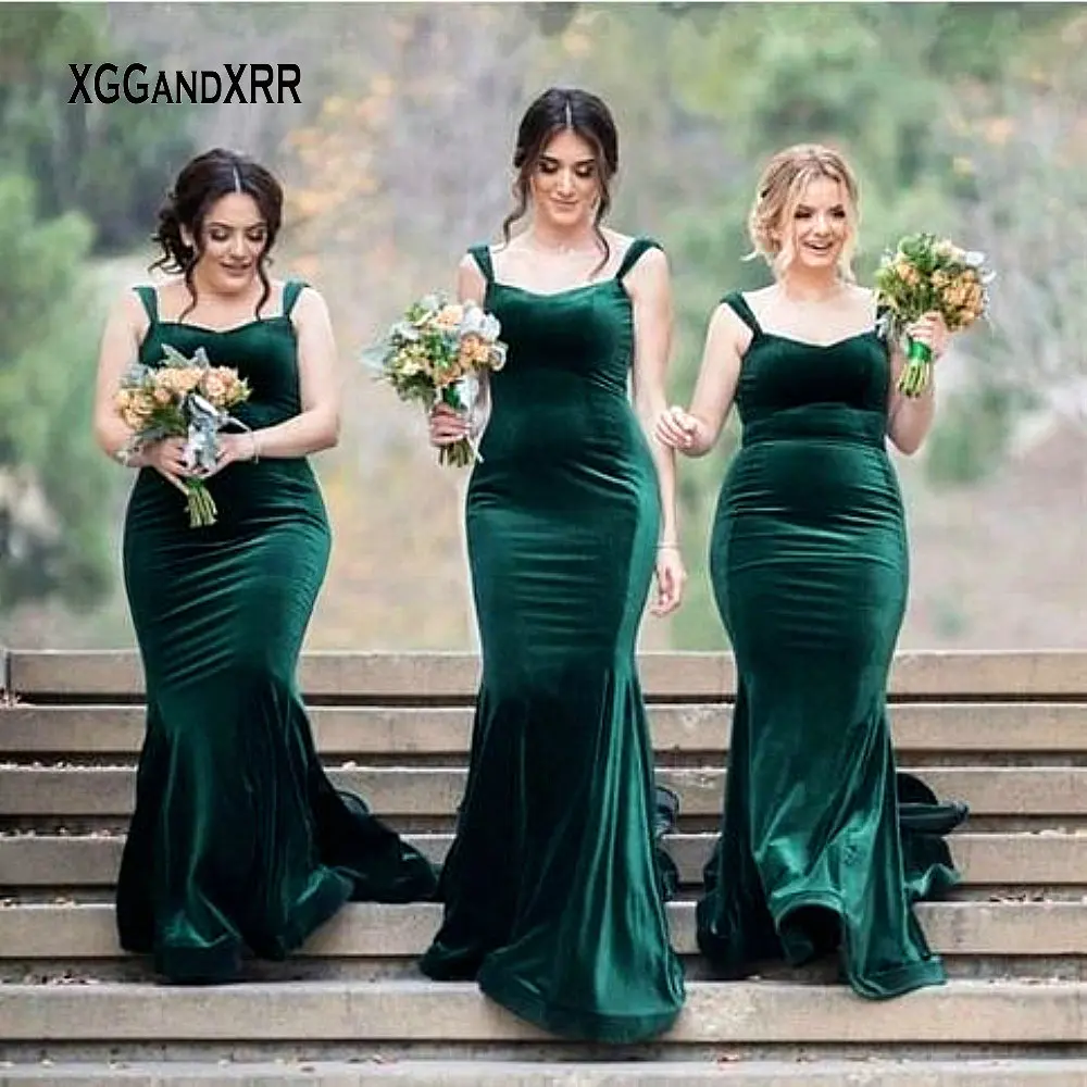 

Green Mermaid Bridesmaid Dress 2020 Spaghetti Straps Velvet Sweetheart Wedding Party Dress For Bridesmaid Group Dress For Party