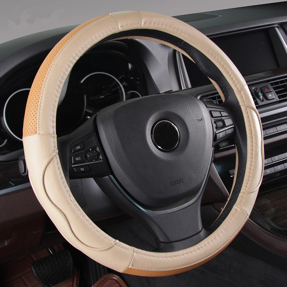 

Car 2018 New Design Genuine Leather Car Steering Wheel Cover 38cm Universal Anti-slip Auto Steering Cover Case Breathable Beige