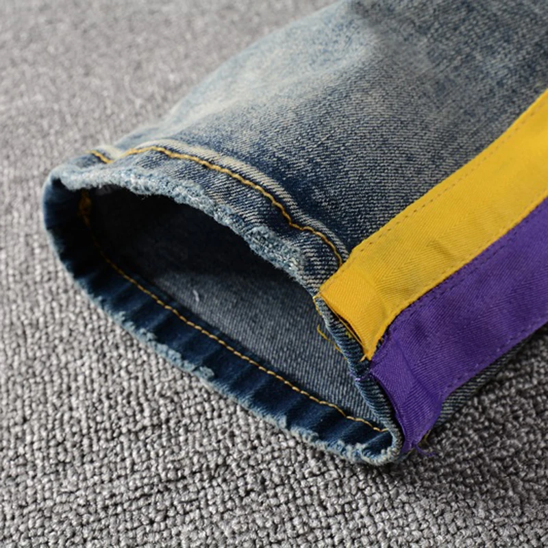 

Men's Colored Stripe Stretch Denim Jeans Streetwear Holes Ripped Pencil Pants Slim Skinny Trousers Blue