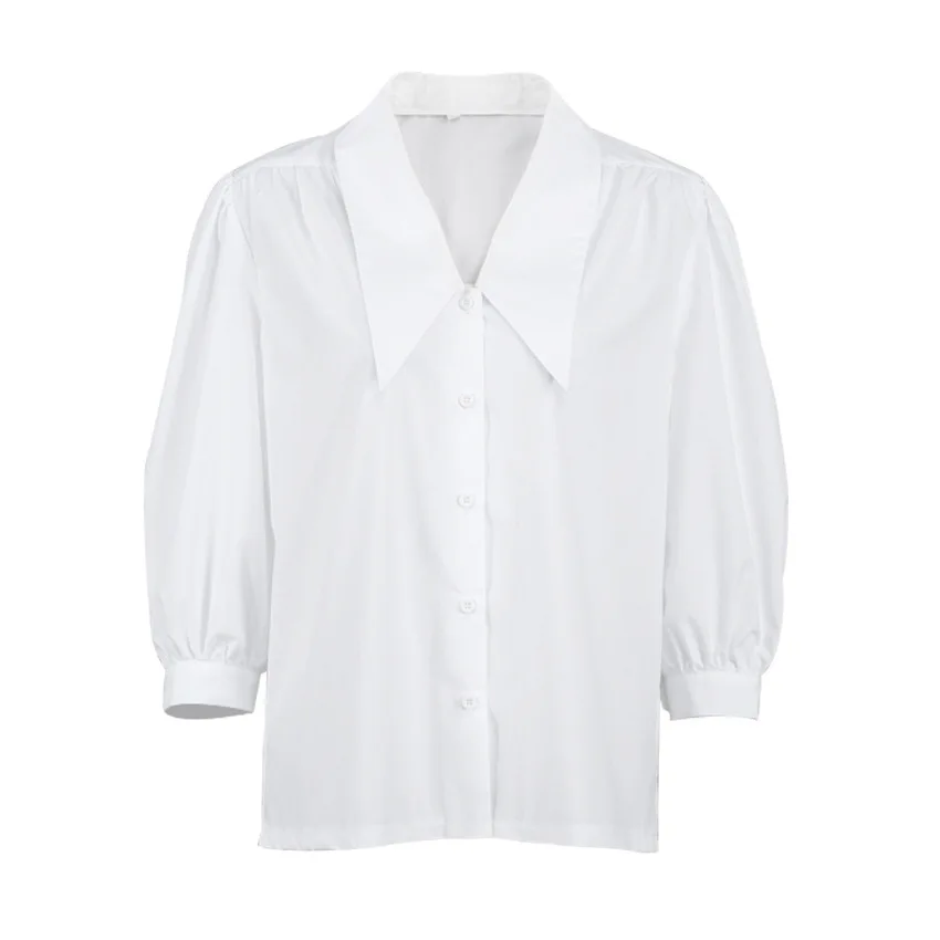 

Women Vintage Puff Sleeve Blouse Turn Down Collar Office Lady Casual White Shirt 2021 New Fashion High Street Blouse and Tops
