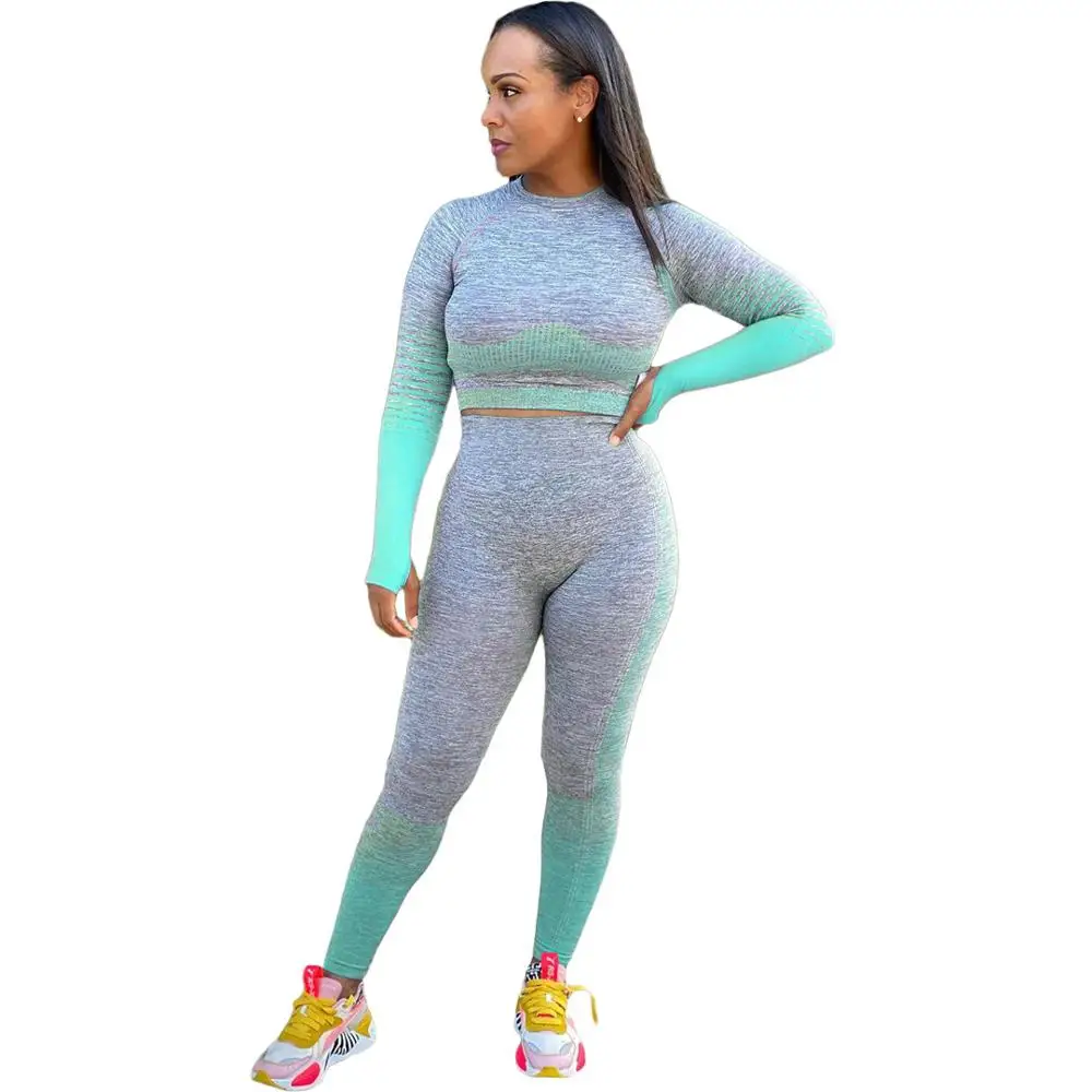 

2020 Autumn Contrast Color Casual Women Sets O-Neck Long Sleeve Short Tops High Elastic Waist Leggings Pants For Sports Party