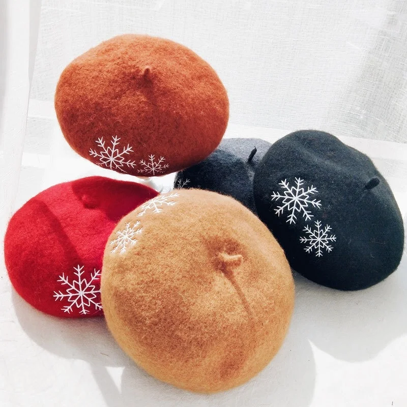 Высокое качество шерстяной берет вязаная шапка снежинка вышивка теплая зимняя