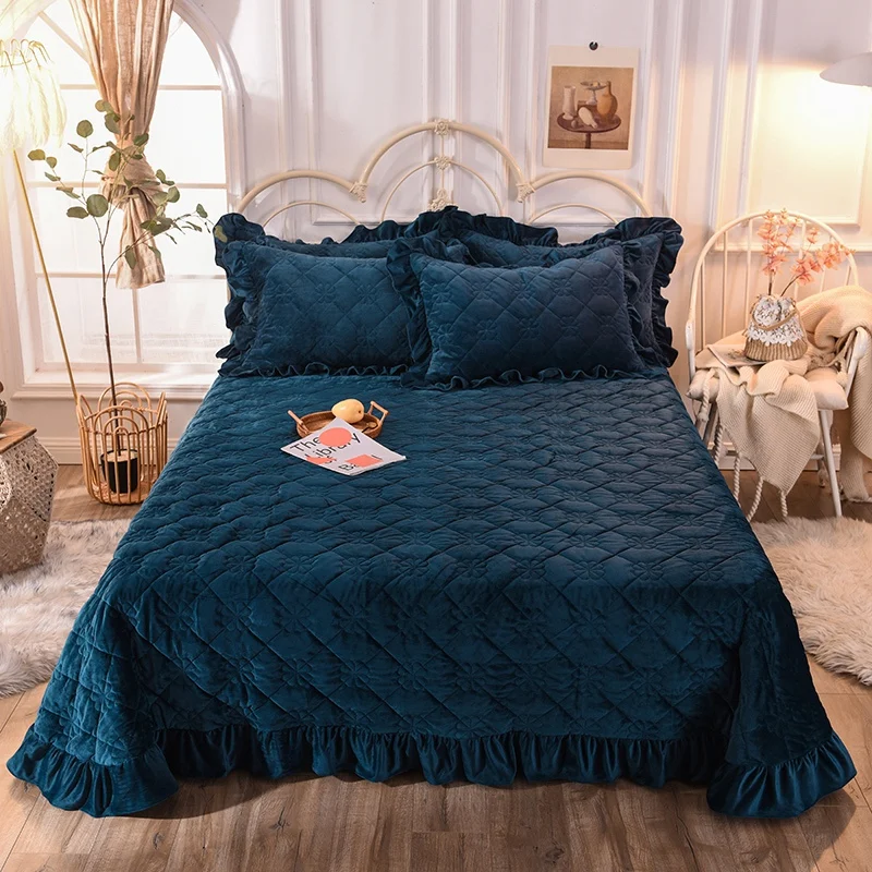 

Flannel Fleece Quilted Bedspread Pillowcase Ruffles Bed Cover Thicken Bedclothes Sheet Sandred Velvet Warm Home Linen Winter New
