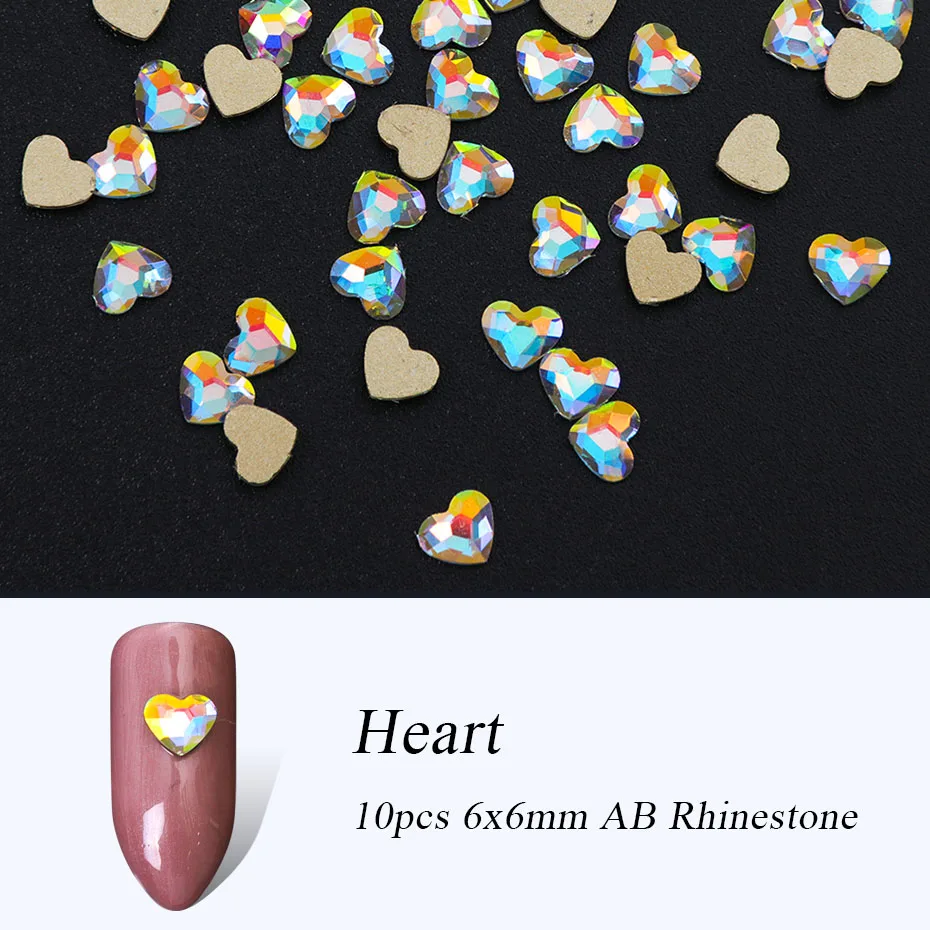 10pcs Heart 6x6mm Искрящегося цвета Кристалл aб для ногтей драгоценные камни стразы для украшения ногтей, Стекло колеса в виде геометрических фигур цветок ювелирные изделия с бриллиантами декоративный камень для ногтей украшения для маникюра BE694-1 - Цвет: 10pcs Heart 6x6mm