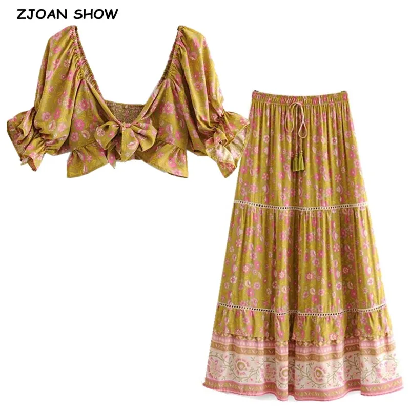 Женский комплект из топа и юбки укороченный топ с цветочным принтом оборками