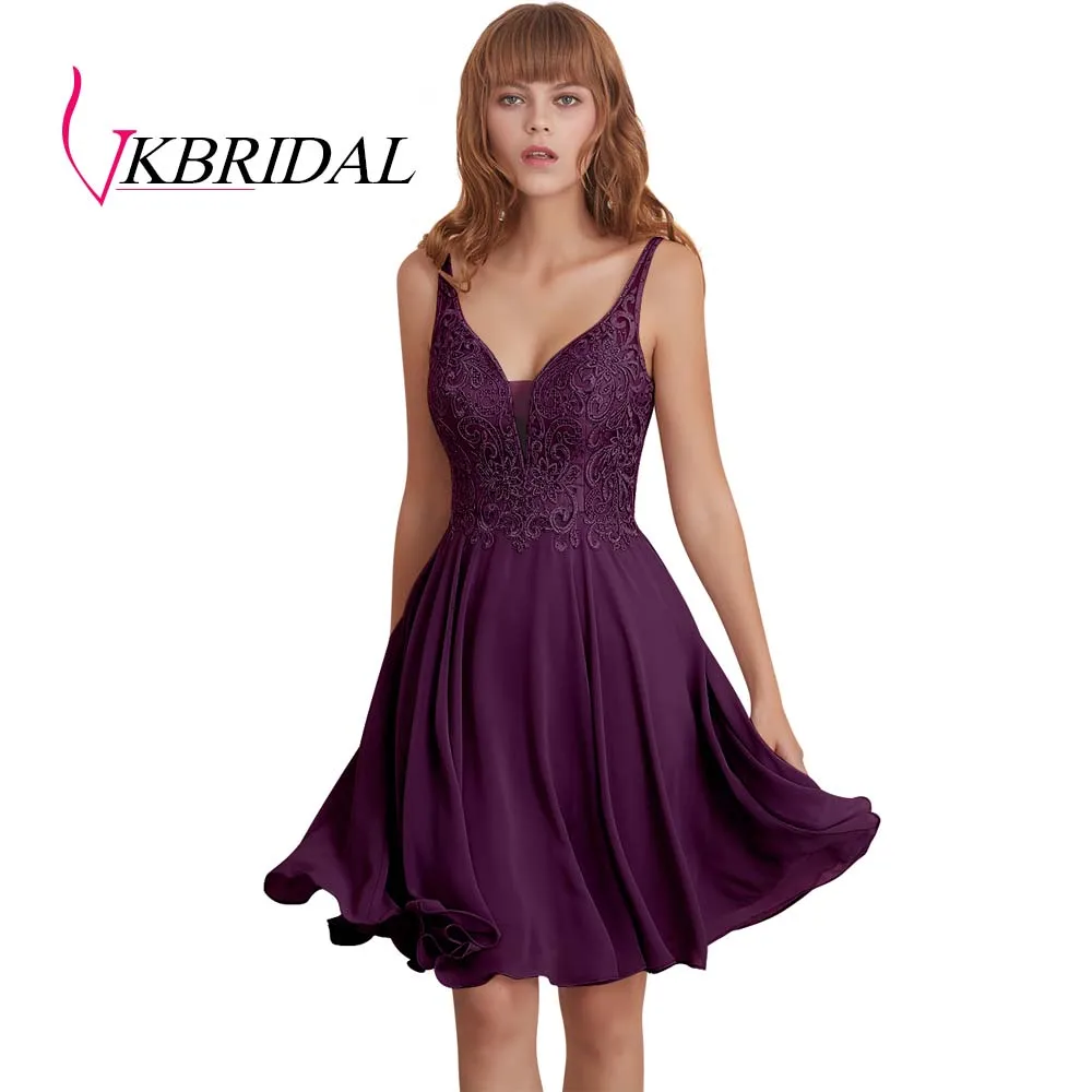 Фиолетовый VKBRIDAL сексуальные короткие платья для выпускного вечера с открытой спиной шифоновые аппликационные кружева с бисером милые платья для выпускного вечера - Цвет: Фиолетовый