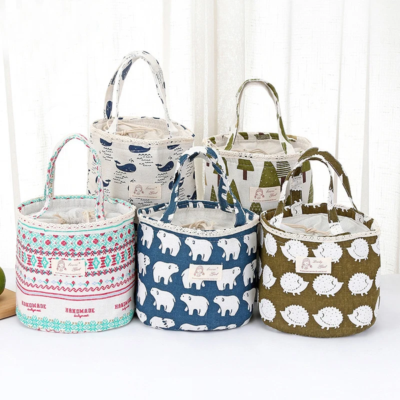 

Portable Cute Kids Cotton Linen Canvas Insulated Thermal Food Lunch Bags