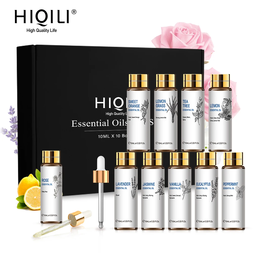 

HIQILI 10ML 10pcs Pure Essential Oils Gift Set Diffuser Aroma Oil Vanilla Lavender tea tree Jasmine Natural Plant essential Oil