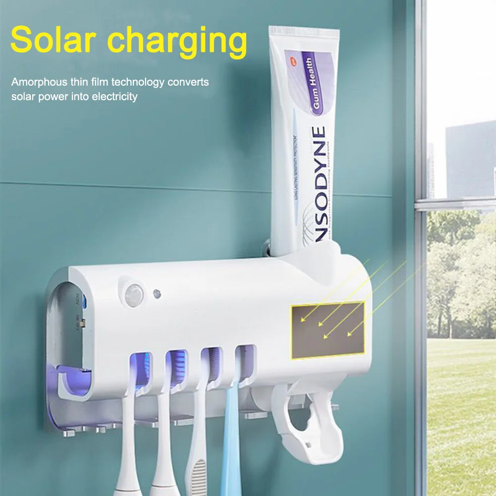 

UV Toothbrush Holder Sanitizer Solar USB Powered Wall Mount Toothbrush Holder Toothpaste Dispenser for Bathroom