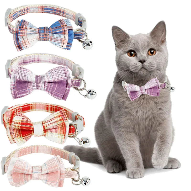 

Cat Collar Plaid Bowtie Adjustable Breakaway Safety Kitten Collars with Bell Small Dog Quick Release Necklace Pet Accessories