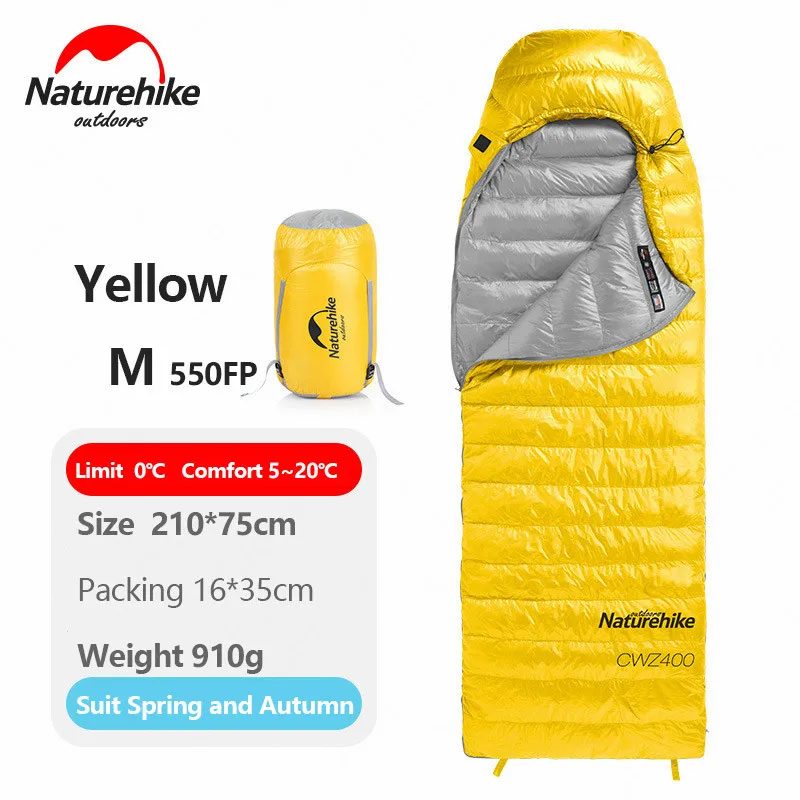 Yellow-M-550FP Naturehike Кемпинг CW400 зимний сверхлегкий спальный мешок гусиный пух 750FP конверт спальный мешок нейлон водонепроницаемый портативный путешествия - Цвет: Yellow-M-550FP