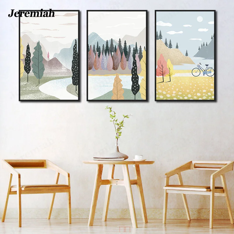 

Home Living Room Decoration Mountain Forest Lake Bicycle Color Landscape Poster HD Printing Nordic Modern Wall Canvas Painting