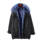 Женская джинсовая куртка, со съемным воротником из лисьего меха, зимняя, теплая, 5 цветов