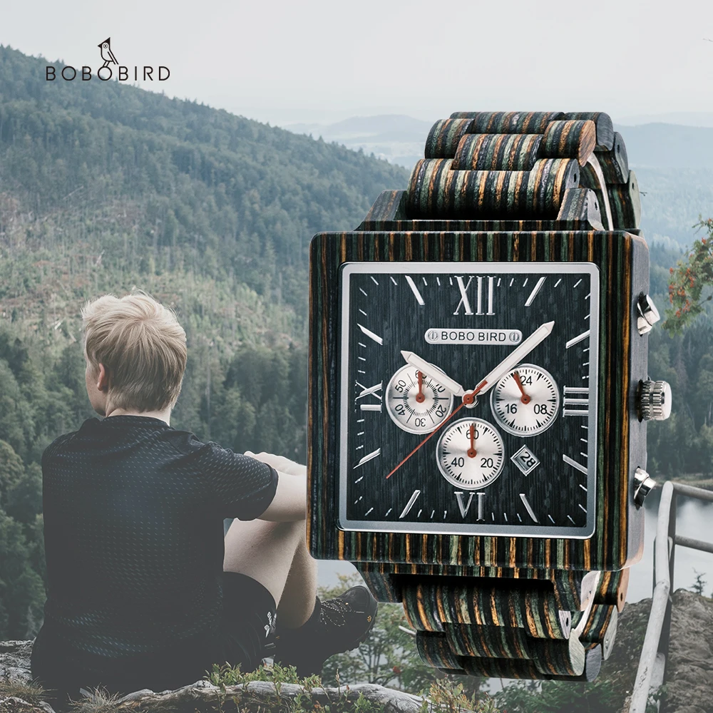 

BOBO BIRD Men Watch New Wooden Auto Date Luminous Hand Wristwatch Japanese Quartz Movement Chronograph Timepiece reloj hombre