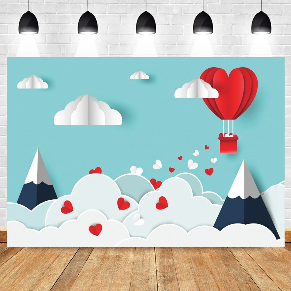 

Happy Valentine's Day Background Hot Air Balloon Mountain Cloud Sky Baby Birthday Photography Backdrop For Photo Booth Props