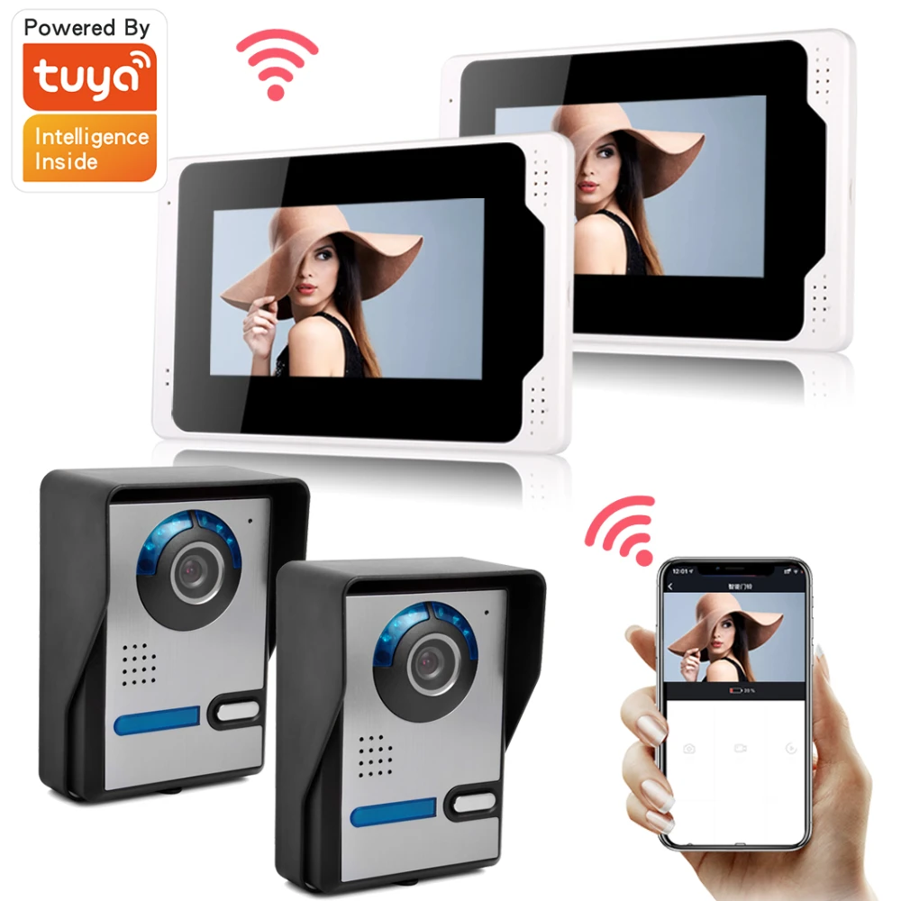 

7 Inch Wireless Wifi Smart IP Video Doorbell Intercom System ,2xTouch Screen Monitor with 2x720P Wired Door Phone Camera
