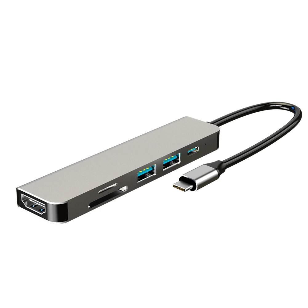 

6 in 1 Type-C HUB Converter HDMI-compatible 87W PD SD TF Adapter Aluminum Alloy 2 USB3.0 for Household Computer Accessories