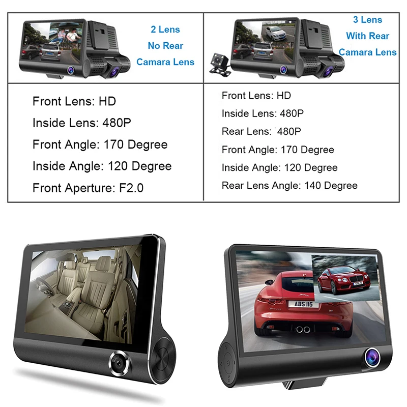 4&quot 3 Lens Car Dvr Cameras Dual With Rearview Camera Video Recorder Auto Registrator Dvrs 170 Degree Wide Angle Dash | Автомобили и