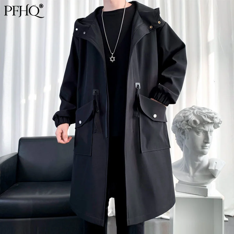 

PFHQ 2021 New Men's Fashion Loose Solid Color Zipper Hooded Korean Style Overcome Long Windbreaker Autumn And Winter 21E4151