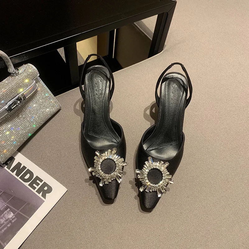 

Sandals Stiletto Heels 2021 Summer Female Shoe Girls Rhinestone Low Closed Comfort Fashion High Beige New Pointed Microfiber Cry