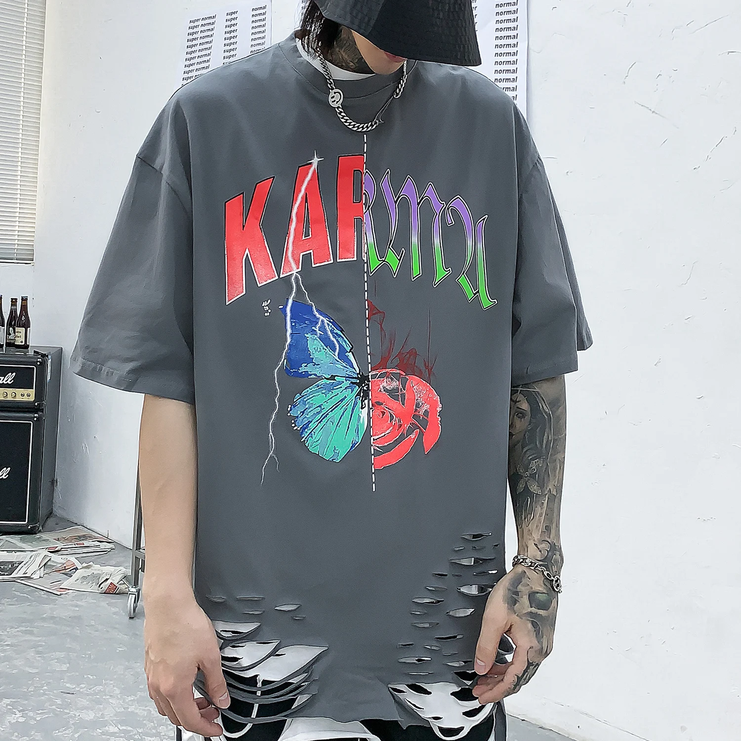 Мужская футболка с принтом бабочки коротким рукавом в стиле хип-хоп | одежда