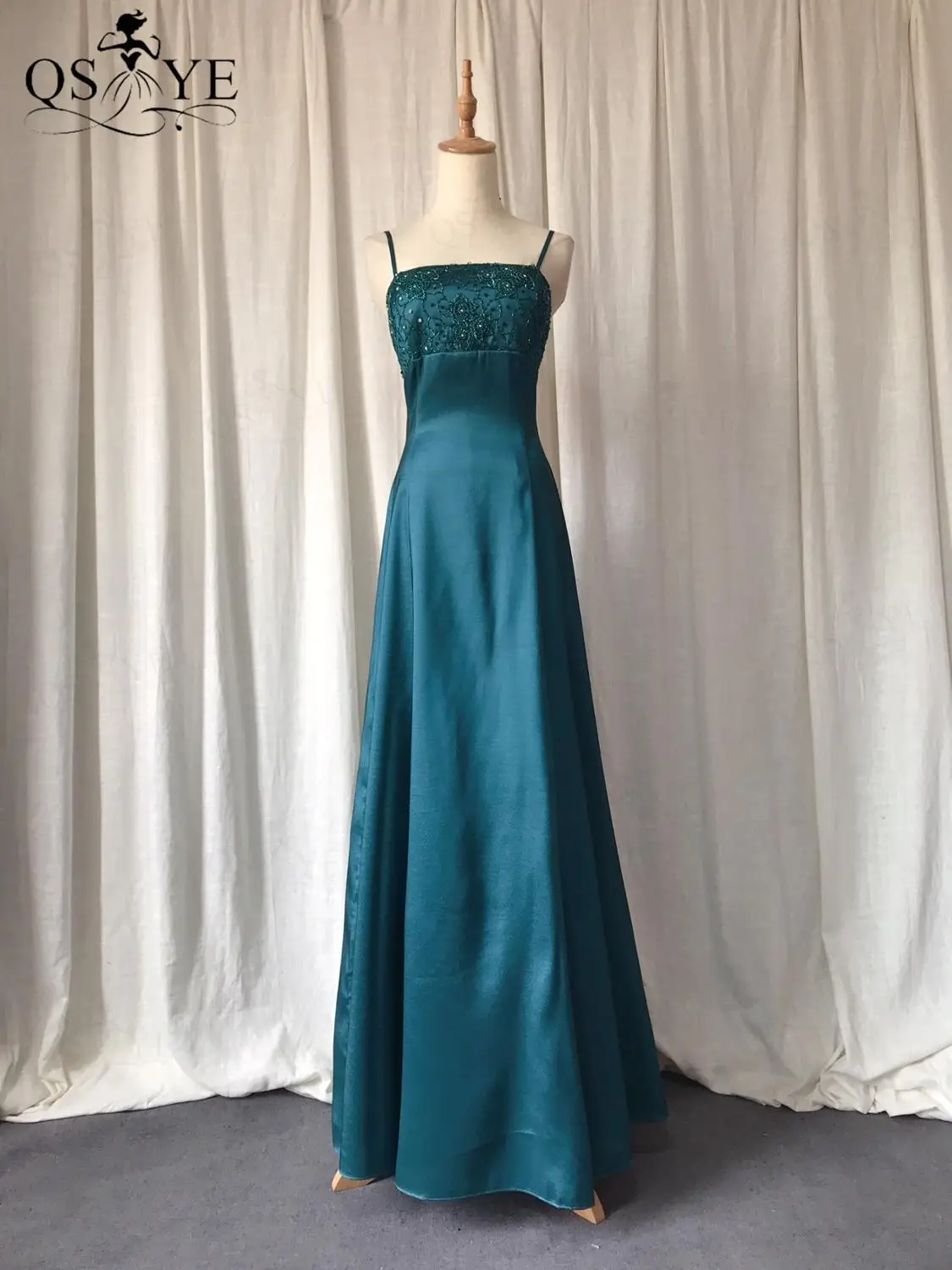 

QSYYE Broken Size Peacock Prom Dresses Classic Long Silk Satin Evening Dress Empire Beading Boice Blue Formal Party Gown