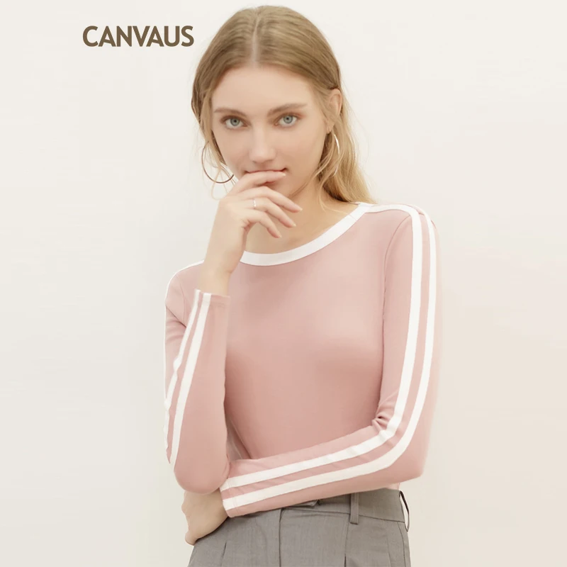 Canvaus черная хлопковая футболка с длинным рукавом Женская Осенняя полосатая футболка с круглым вырезом футболки женская одежда