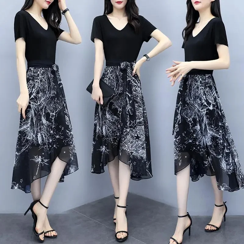

Summer Chiffon Print Dress Women's Fashion Slim Dress Women's Popular Cotton Long Dress With Belt Elegant Ladies Dress
