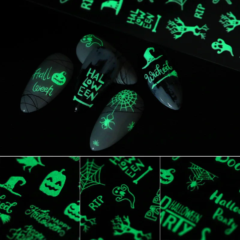 Halloween Luminous 3D Nail Sticker Decals Skull/Pumpkin /Ghost Glow Horror Patterns Art Stickers Decorations | Красота и здоровье