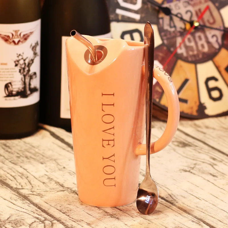 Креативная чашка для воды большая емкость солома с ложкой керамическая кружка ins