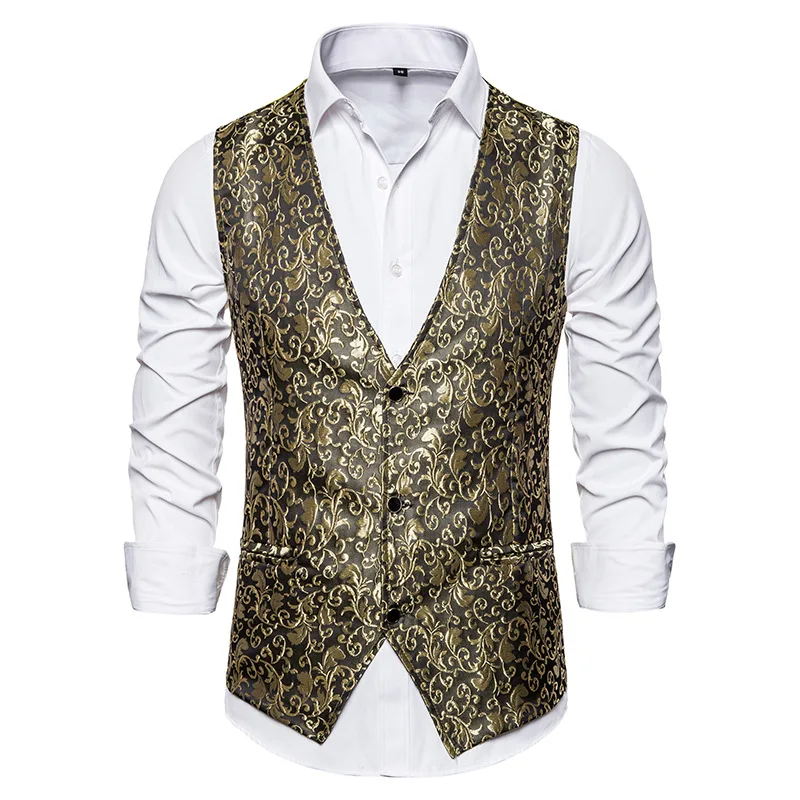

Mens Gold Paisley Jacquard Vest Single Breasted V-Neck Suit Vest Tuxedo Waistcoat Gothic Aristocrat Steampunk Victorian Gilet