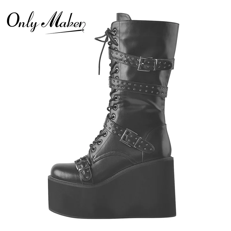 

Onlymaker Women Platform Punk Ankle Boots Lace-Up Round Toe Matte Black Rivet Buckles Decoration Wedges Heel Zipper Booties