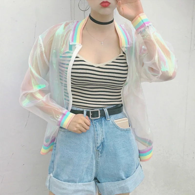

Harajuku Summer Women Jacket Laser Rainbow Symphony Hologram Women Clear Iridescent Transparent Bomber Jacket Sunproof