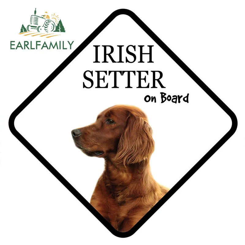 EARLFAMILY 13cm x 13cm Cartoon Irish SETTER on Board Car Sign Vinyl Window Trunk Decal Car Sticker Pet Dog Lover Graphic