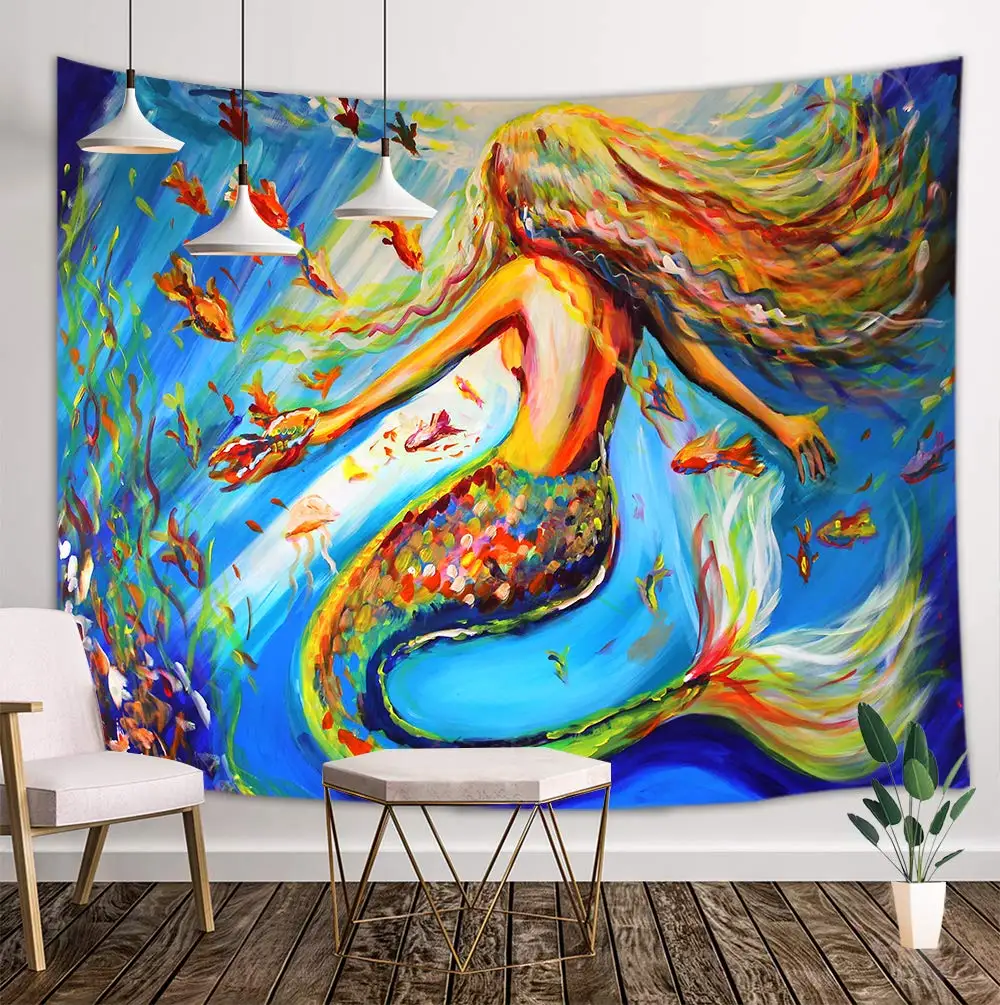 Гобелен в стиле русалки на стену ковер Фэнтези с изображением девушки и рыб