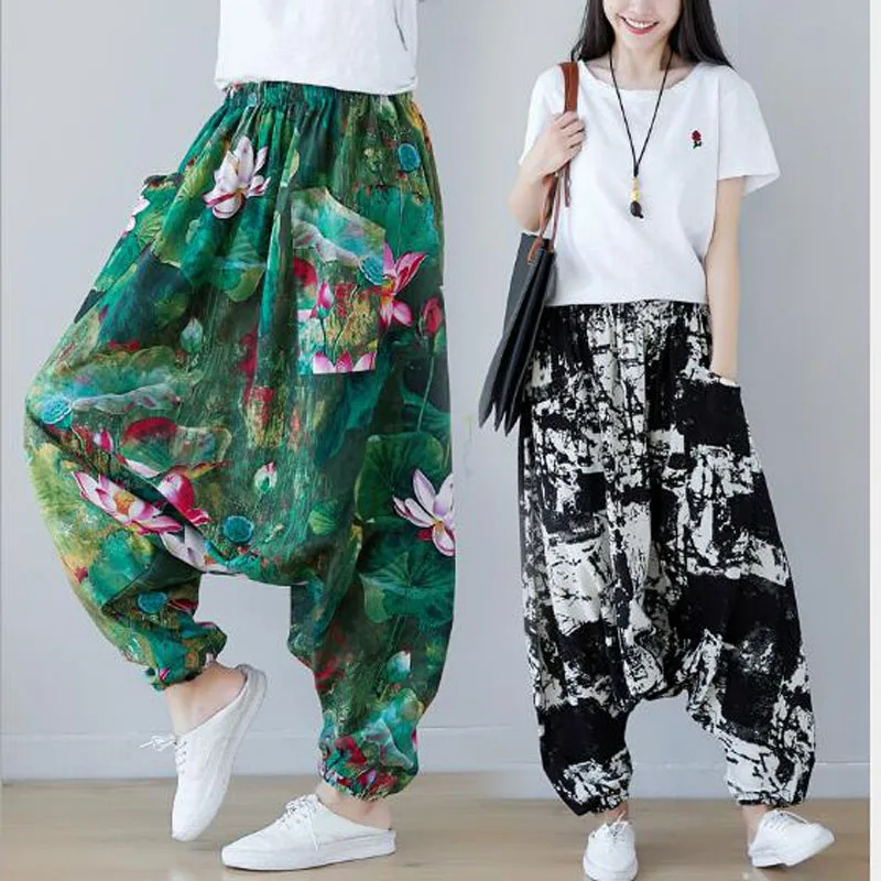 Женские свободные брюки-багги в стиле бохо эластичные брюки-шаровары из хлопка и